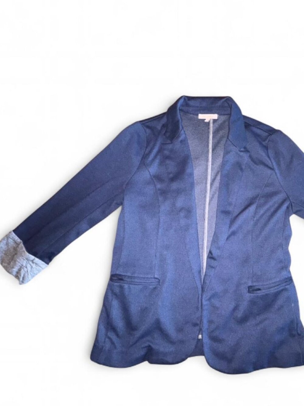 "Skies Are Blue" Navy Blazer, Soft Knit, Rolled Cuffs, Size M